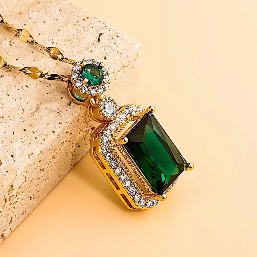Emerald Gold Plated Zircon Charm Pendant Necklace Matching Earrings Set
